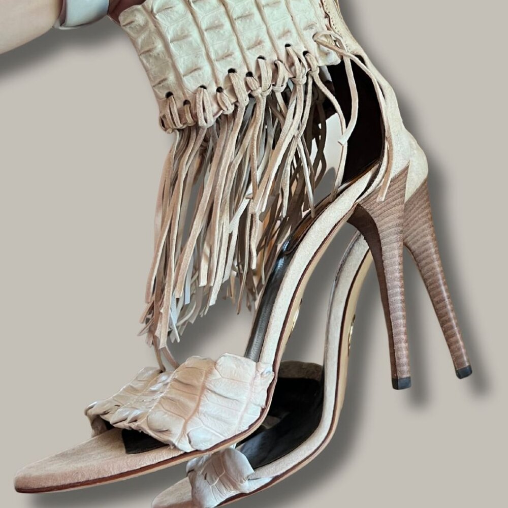 ROBERTO CAVALLI Printed Fringe Trim Accent T-Strap Sandals Women's Size: 9 | 39